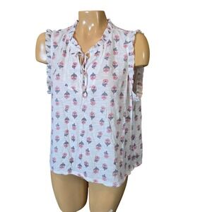 Lucky Brand Womens Top White Pink XLarge Floral Ruffle Tie Neck Sleeveless Knit
